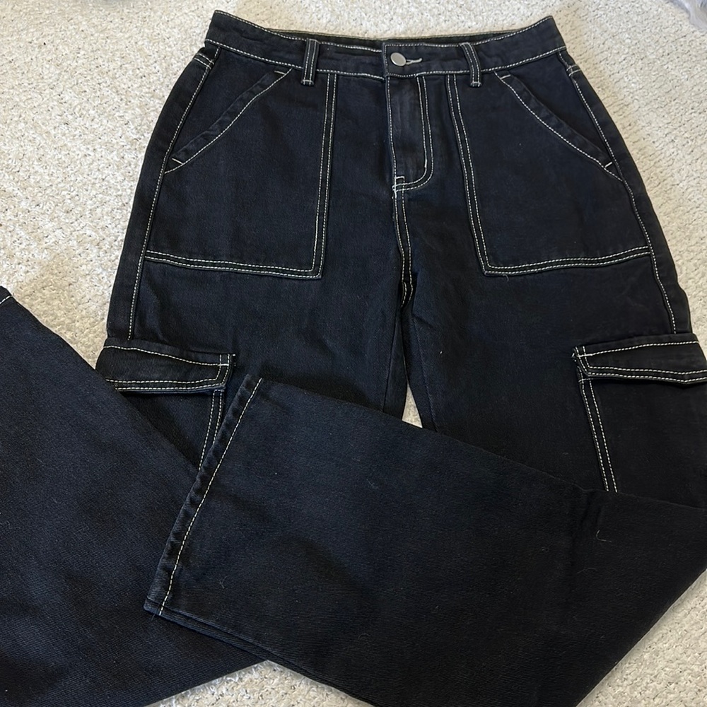 #Black Denim Cargo Pants